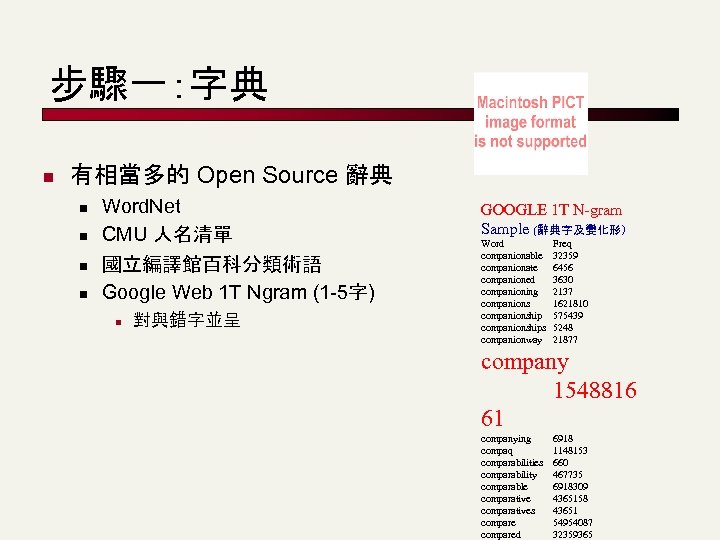步驟一：字典 n 有相當多的 Open Source 辭典 n n Word. Net CMU 人名清單 國立編譯館百科分類術語 Google