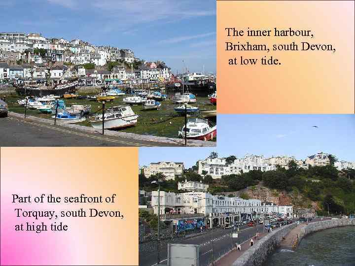 The inner harbour, Brixham, south Devon, at low tide. Part of the seafront of
