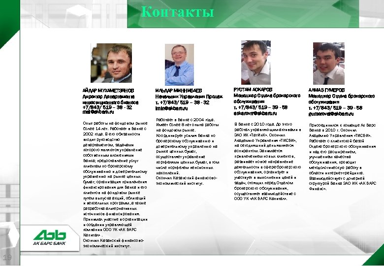Контакты АЙДАР МУХАМЕТЗЯНОВ Директор Департамента инвестиционного бизнеса +7/843/ 519 – 38 - 32 mai@akbars.