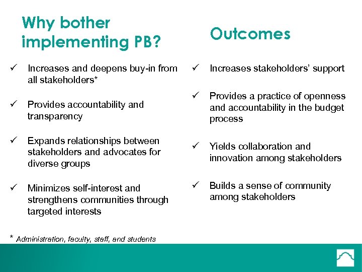 Why bother implementing PB? ü Increases and deepens buy-in from all stakeholders* ü Provides