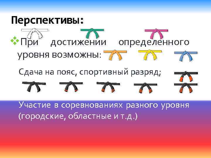Перспективы: v. При достижении определенного уровня возможны: Сдача на пояс, спортивный разряд; Участие в