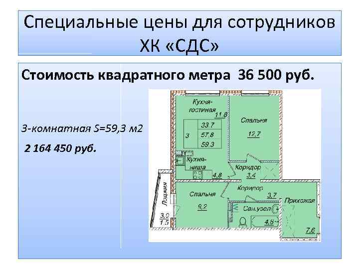 Специальные цены для сотрудников ХК «СДС» Стоимость квадратного метра 36 500 руб. 3 -комнатная