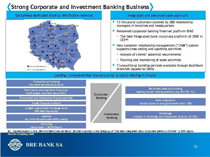 Strong Corporate and Investment Banking Business Exclusively dedicated physical distribution network Integrated and advanced