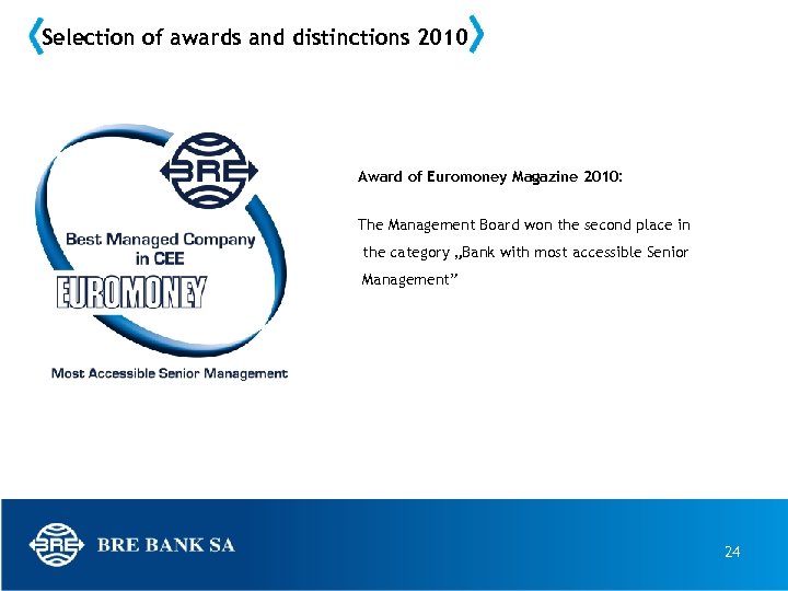 Selection of awards and distinctions 2010 Award of Euromoney Magazine 2010: The Management Board