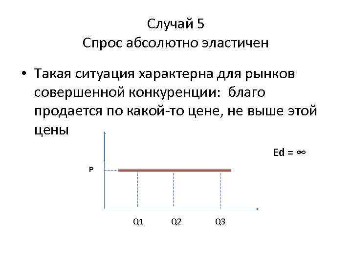 Случай 5 Спрос абсолютно эластичен • Такая ситуация характерна для рынков совершенной конкуренции: благо