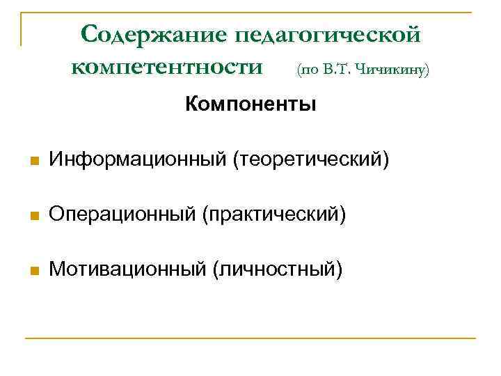 Содержание педагогической компетентности (по В. Т. Чичикину) Компоненты n Информационный (теоретический) n Операционный (практический)
