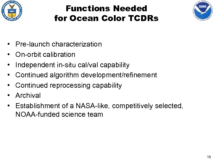 Functions Needed for Ocean Color TCDRs • • Pre-launch characterization On-orbit calibration Independent in-situ