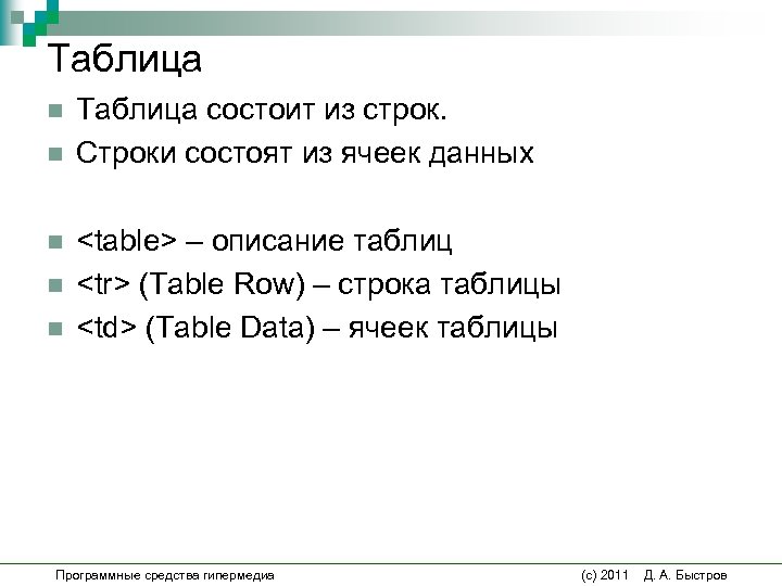 Таблица n n n Таблица состоит из строк. Строки состоят из ячеек данных <table>