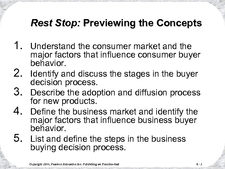 Rest Stop: Previewing the Concepts 1. 2. 3. 4. 5. Understand the consumer market