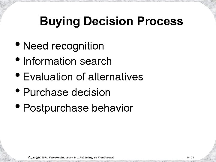 Buying Decision Process • Need recognition • Information search • Evaluation of alternatives •