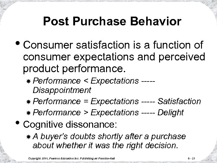 Post Purchase Behavior • Consumer satisfaction is a function of consumer expectations and perceived