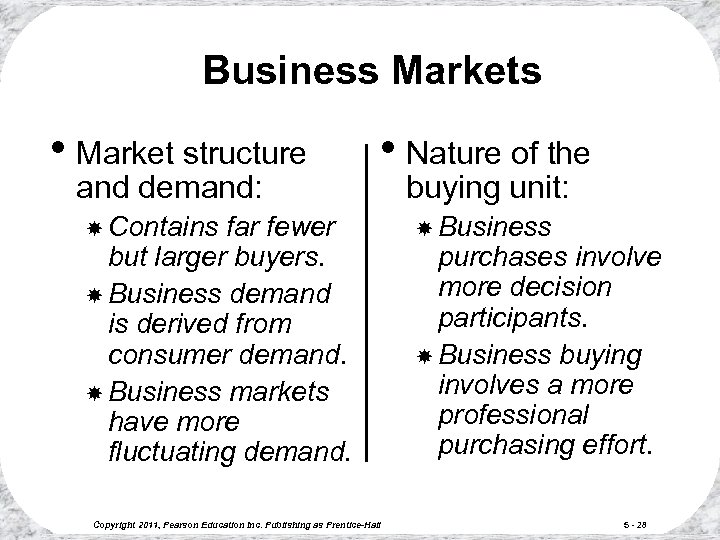 Business Markets • Market structure and demand: • Nature of the Contains far fewer