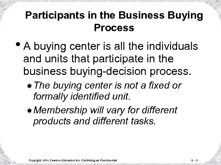 Participants in the Business Buying Process • A buying center is all the individuals