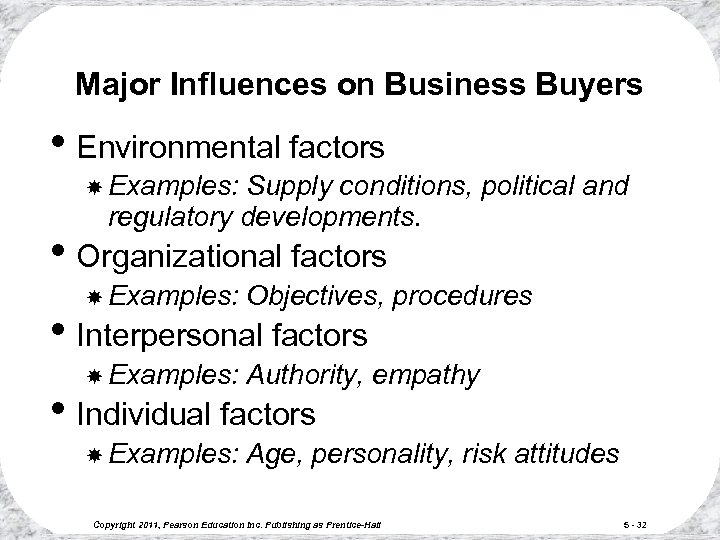 Major Influences on Business Buyers • Environmental factors Examples: Supply conditions, political and regulatory