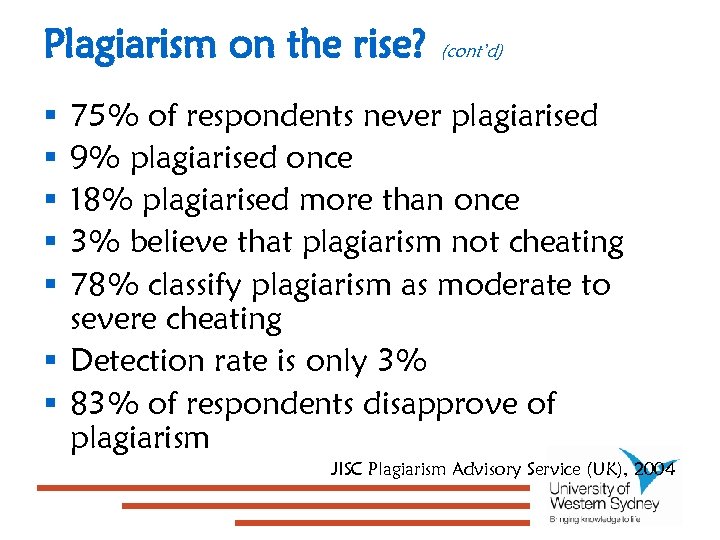 Plagiarism on the rise? (cont’d) 75% of respondents never plagiarised 9% plagiarised once 18%