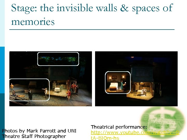 Stage: the invisible walls & spaces of memories Photos by Mark Parrott and UNI