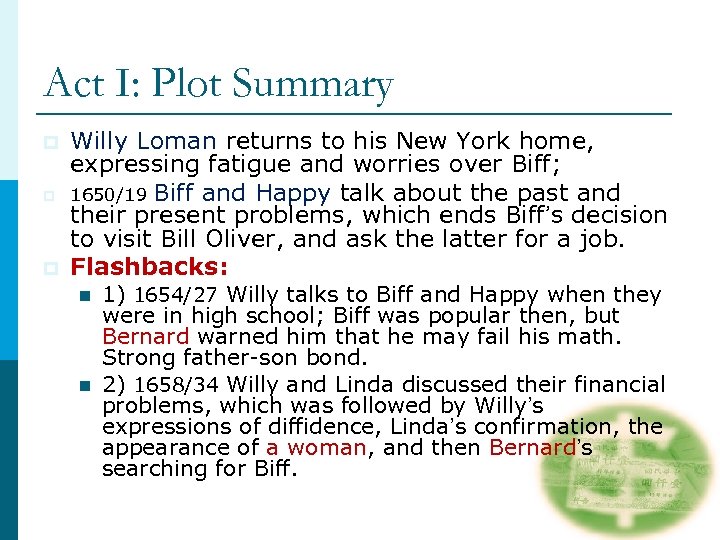 Act I: Plot Summary p p p Willy Loman returns to his New York