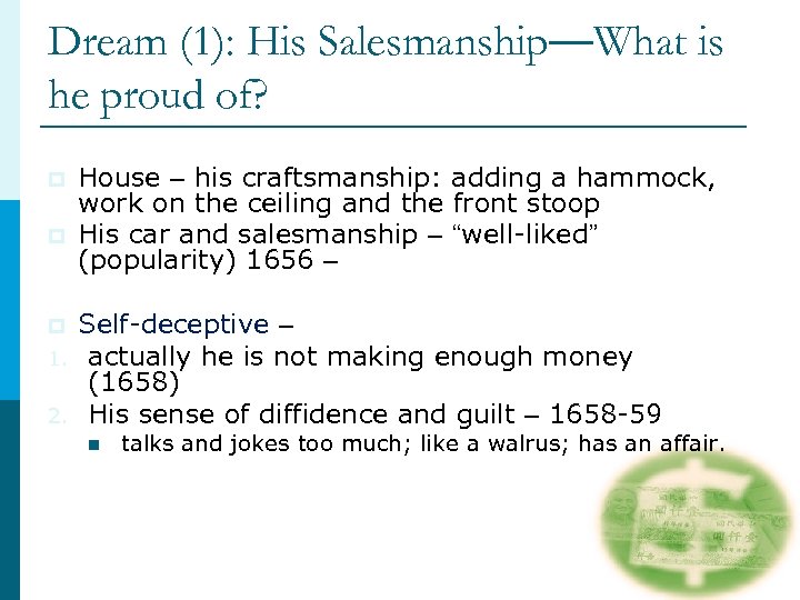 Dream (1): His Salesmanship—What is he proud of? p p p 1. 2. House