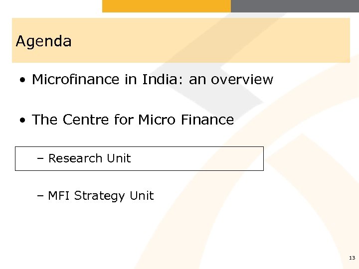 Agenda • Microfinance in India: an overview • The Centre for Micro Finance –