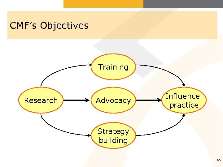 CMF’s Objectives Training Research Advocacy Influence practice Strategy building 46 