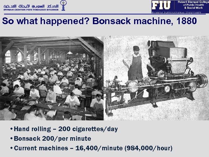 So what happened? Bonsack machine, 1880 • Hand rolling – 200 cigarettes/day • Bonsack