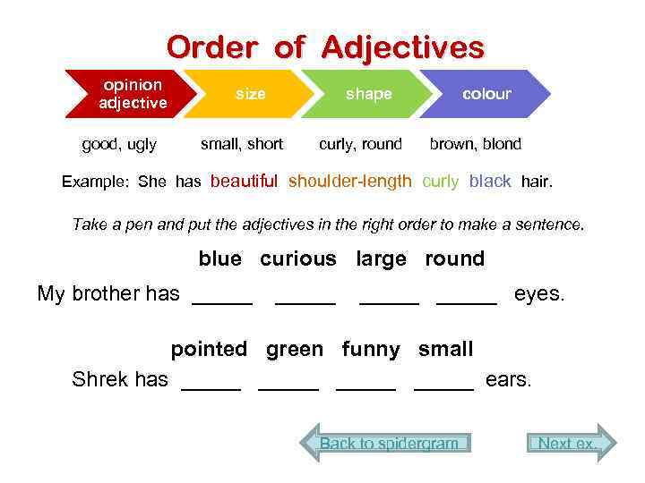 Order of Adjectives opinion adjective good, ugly size shape small, short cu...