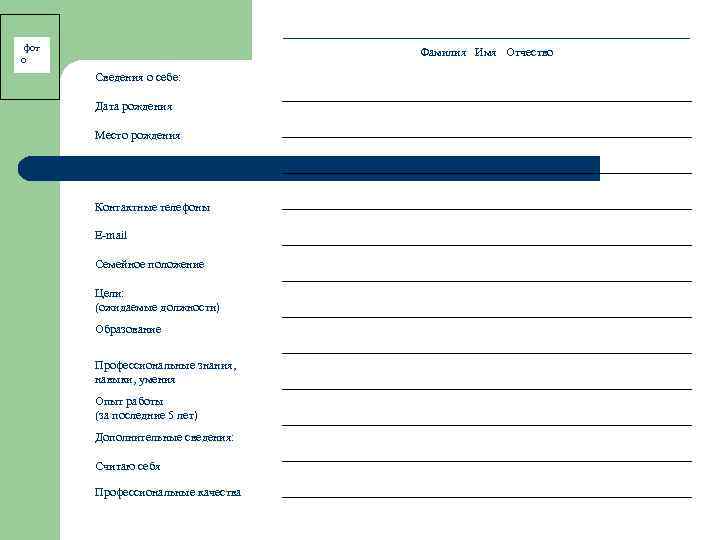 ---------------------------------------------------Фамилия Имя Отчество фот о Сведения о себе: Дата рождения Место рождения Контактные телефоны