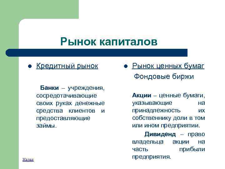 Рынок капиталов l Кредитный рынок Банки – учреждения, сосредотачивающие своих руках денежные средства клиентов