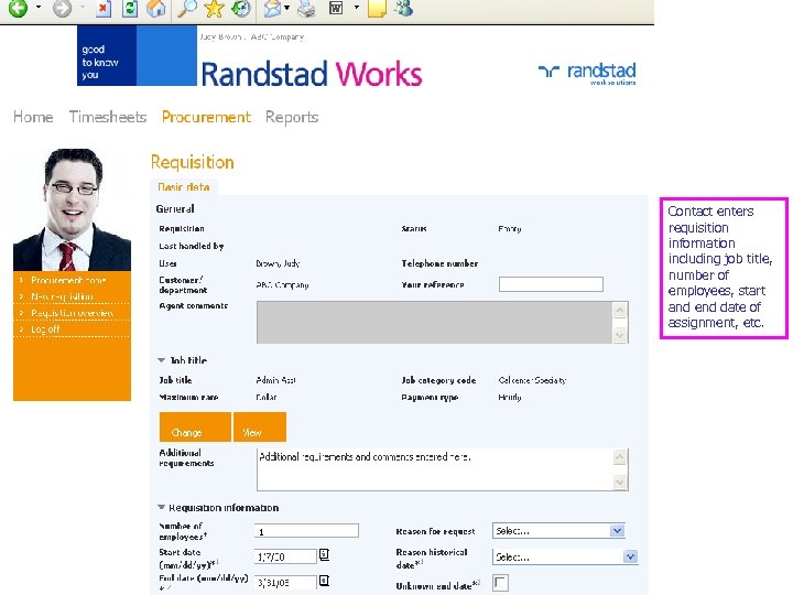 Contact enters requisition information including job title, number of employees, start and end date