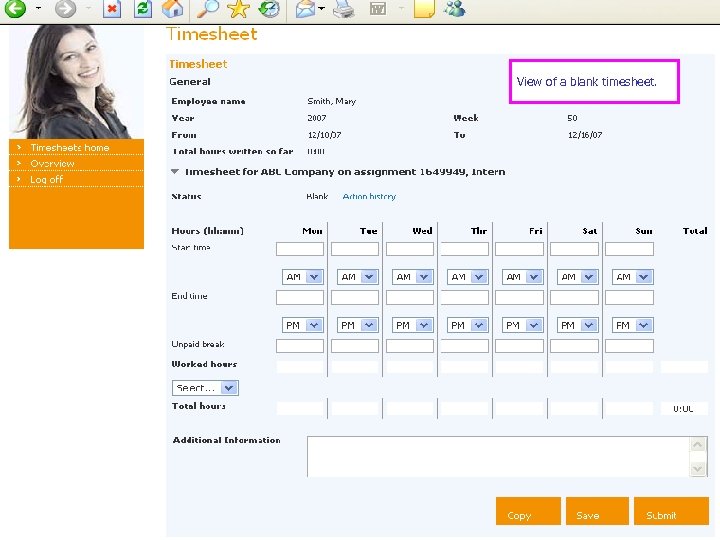 View of a blank timesheet. 8 