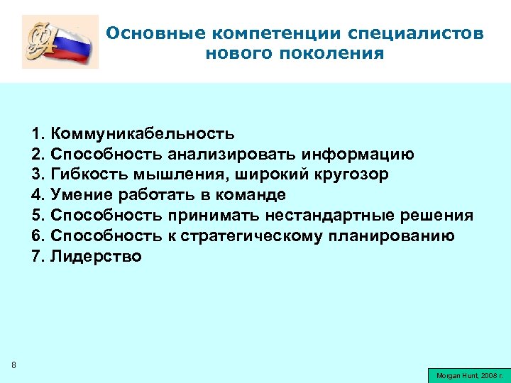 Основные компетенции специалистов нового поколения 1. Коммуникабельность 2. Способность анализировать информацию 3. Гибкость мышления,