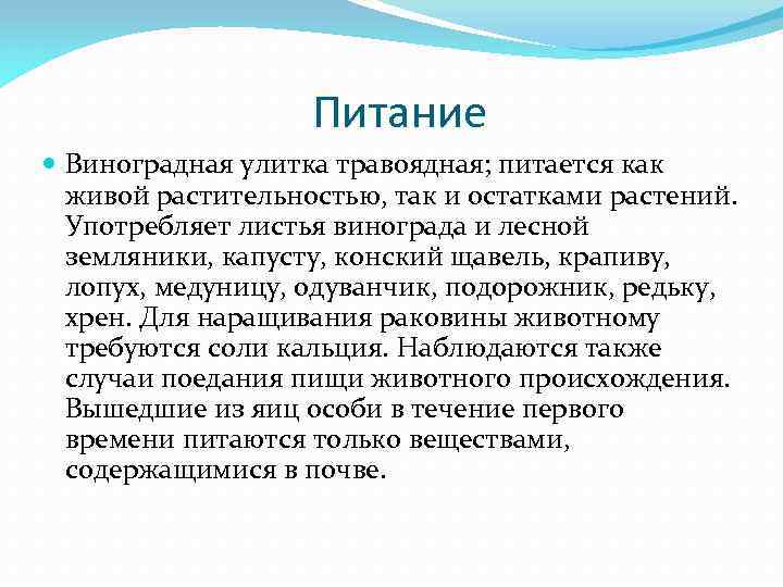 Питание Виноградная улитка травоядная; питается как живой растительностью, так и остатками растений. Употребляет листья