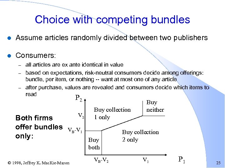 Choice with competing bundles l Assume articles randomly divided between two publishers l Consumers: