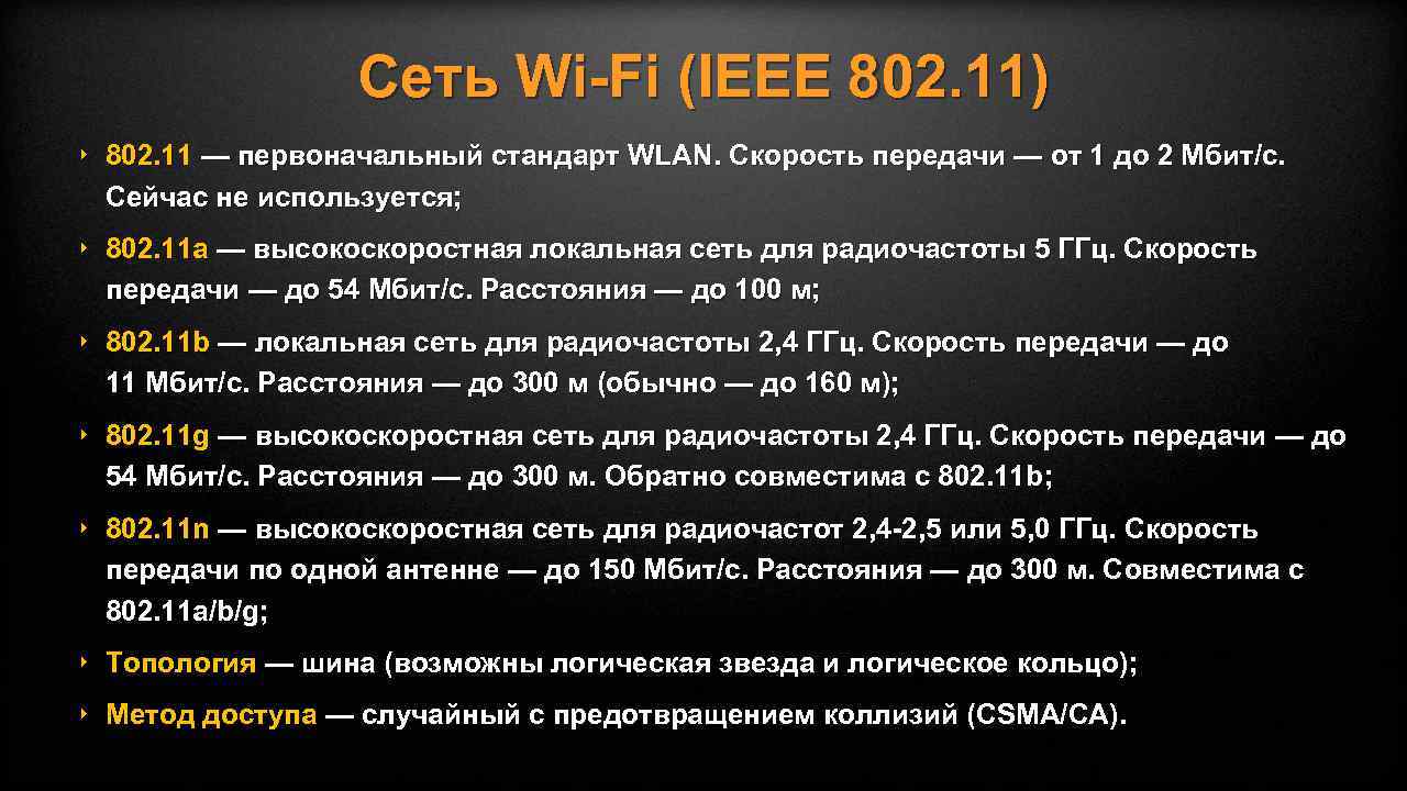 Сеть Wi-Fi (IEEE 802. 11) ‣ 802. 11 — первоначальный стандарт WLAN. Скорость передачи
