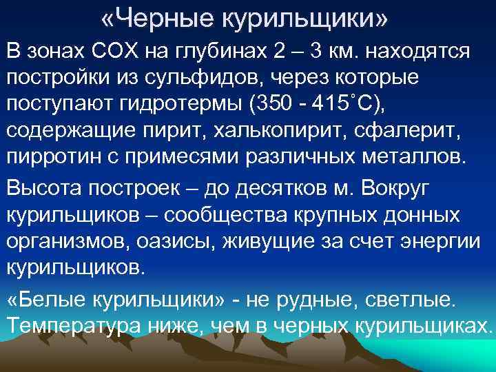  «Черные курильщики» В зонах СОХ на глубинах 2 – 3 км. находятся постройки