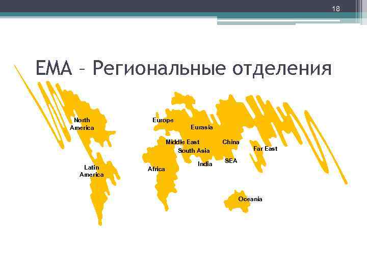 18 EMA – Региональные отделения North America Europe Eurasia Middle East South Asia Latin