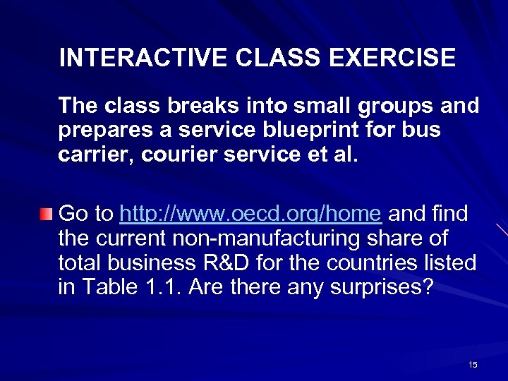 INTERACTIVE CLASS EXERCISE The class breaks into small groups and prepares a service blueprint