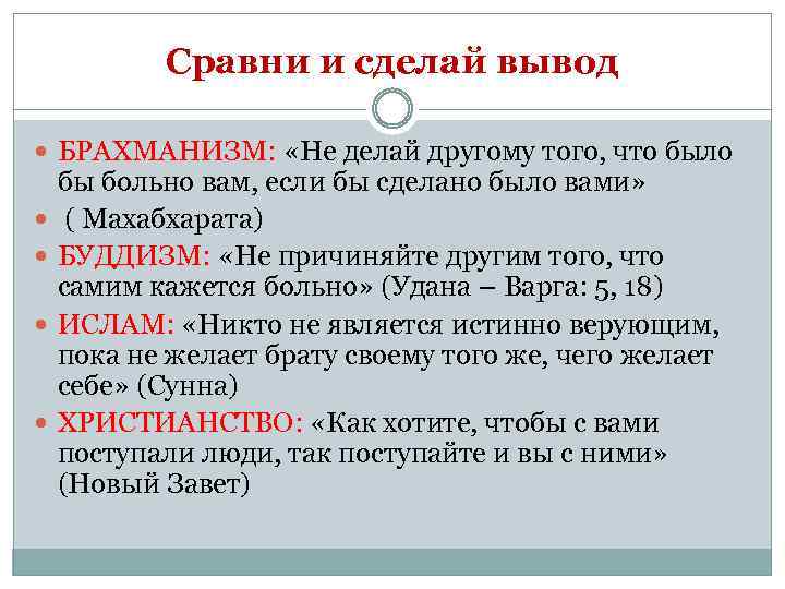 Сравни и сделай вывод БРАХМАНИЗМ: «Не делай другому того, что было бы больно вам,