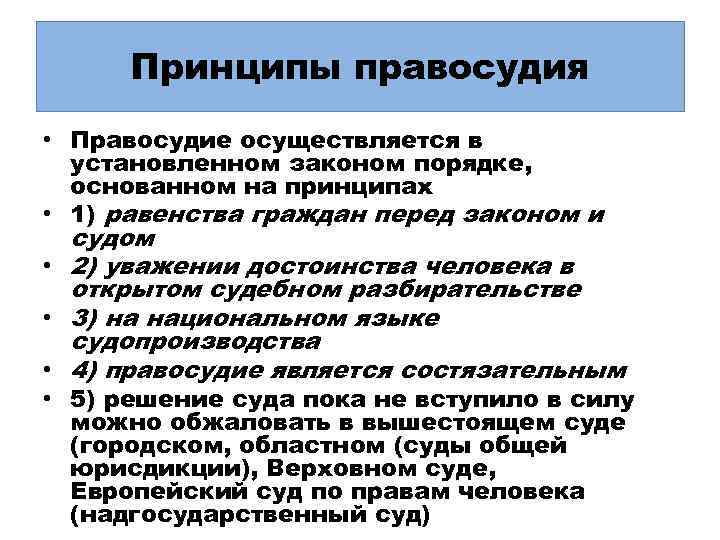 Принципы правосудия • Правосудие осуществляется в установленном законом порядке, основанном на принципах • 1)