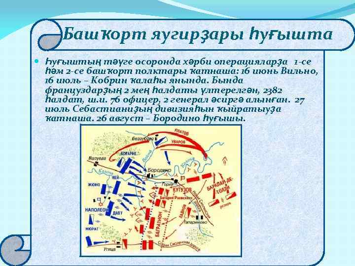 Башҡорт яугирҙары һуғышта Һуғыштың тәүге осоронда хәрби операцияларҙа 1 -се һәм 2 -се башҡорт