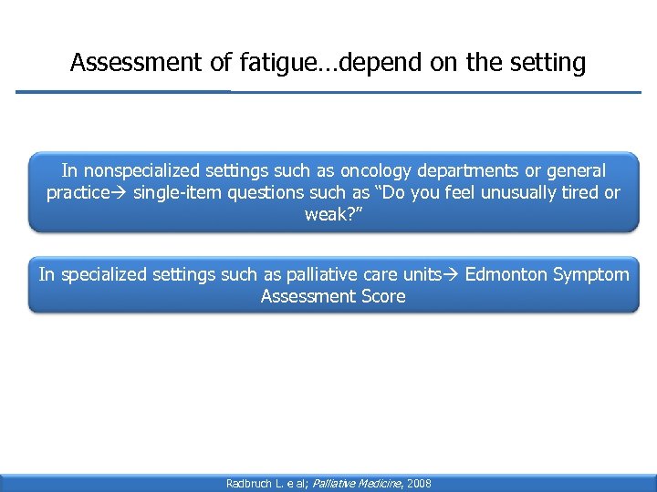 Assessment of fatigue…depend on the setting In nonspecialized settings such as oncology departments or