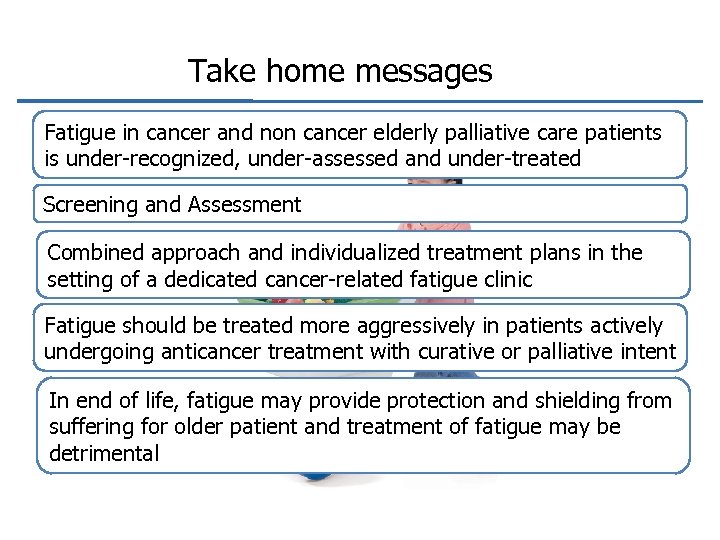 Take home messages Fatigue in cancer and non cancer elderly palliative care patients is