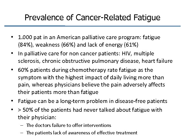 Prevalence of Cancer-Related Fatigue • 1. 000 pat in an American palliative care program: