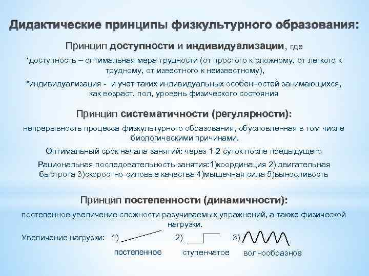 Дидактические принципы физкультурного образования: Принцип доступности и индивидуализации, где *доступность – оптимальная мера трудности