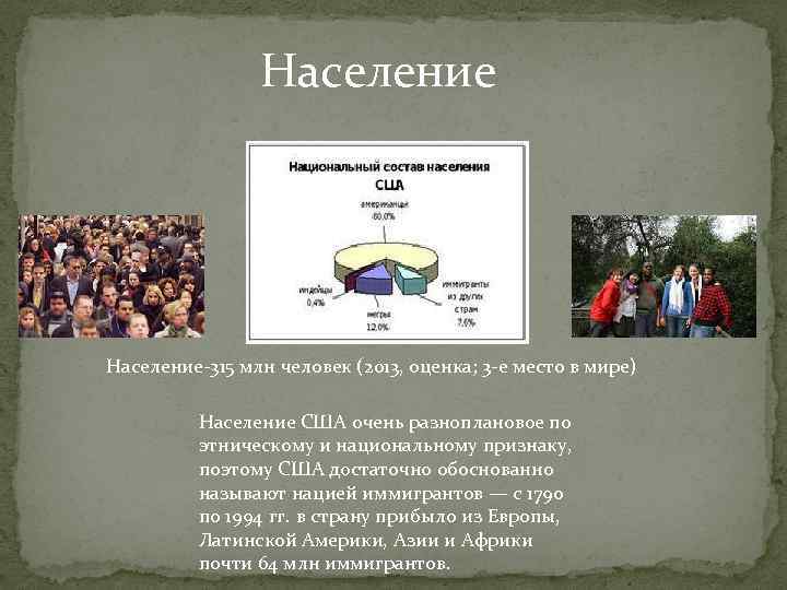 Население-315 млн человек (2013, оценка; 3 -е место в мире) Население США очень разноплановое