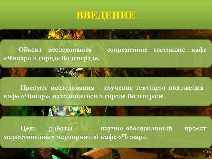 ВВЕДЕНИЕ Объект исследования – современное состояние кафе «Чинар» в городе Волгограде. Предмет исследования –