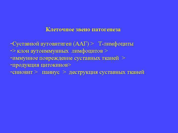 Клеточное звено патогенеза Суставной аутоантиген (ААГ) > Т-лимфоциты > клон аутоиммунных лимфоцитов > иммунное