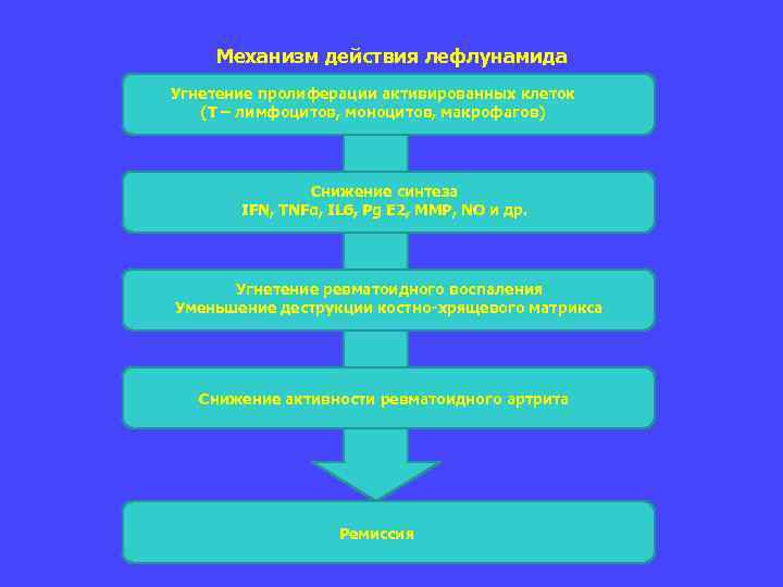 Механизм действия лефлунамида Угнетение пролиферации активированных клеток (Т – лимфоцитов, моноцитов, макрофагов) Снижение синтеза