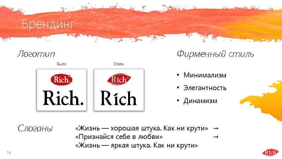 Брендинг Логотип Фирменный стиль • Минимализм • Элегантность • Динамизм Слоганы 14 «Жизнь —