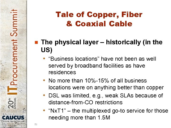 Tale of Copper, Fiber & Coaxial Cable n The physical layer – historically (in